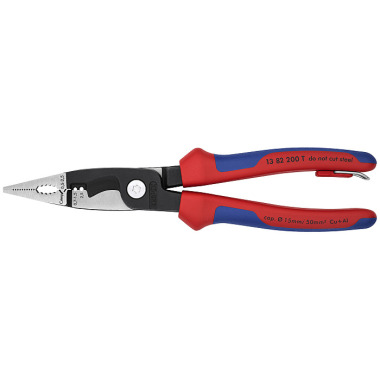 Knipex T Elektro-Installationszange mit Befestigungsöse 200 mm schwarz atramentiert mit Mehrkomponenten-Hüllen, mit integrierter Befestigungsöse zum Anbringen einer Absturzsicherung poliert 13 82 200 T