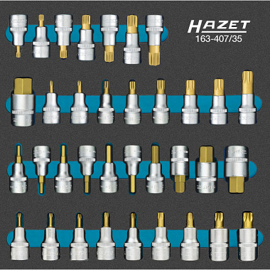 HAZET Skruvmejselhylsa - ihålig fyrkant 12,5 mm (1/2 tum) - invändig sexkantsprofil, invändig flertandsprofil XZN, invändig kilprofil Ribe-CV, invändig TORX®-profil - antal verktyg: 35 163-407/35